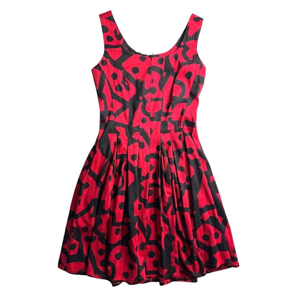 Nooworks Red Black Abstract Geometric Fit and Flare Dress Small Made in USA